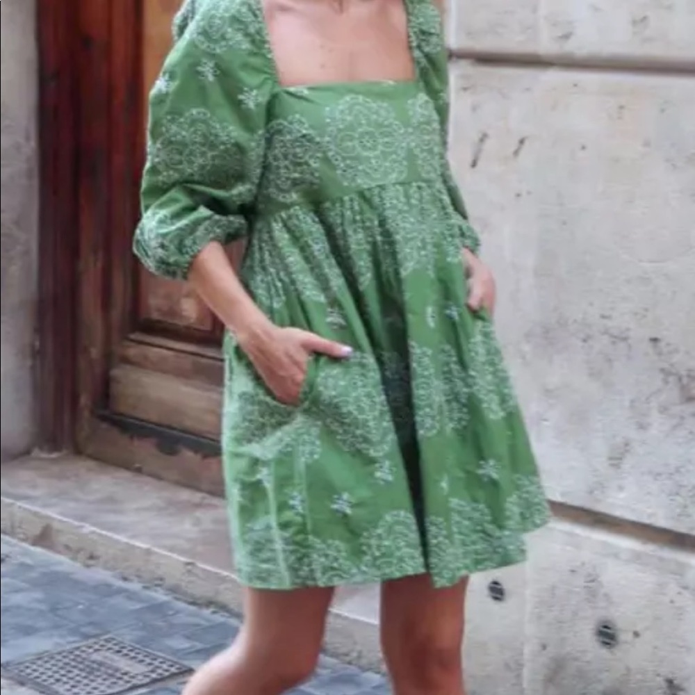 ZARA OPENWORK EMBROIDERED DRESS PUFF SLEEVES Green - Picture 5 of 11